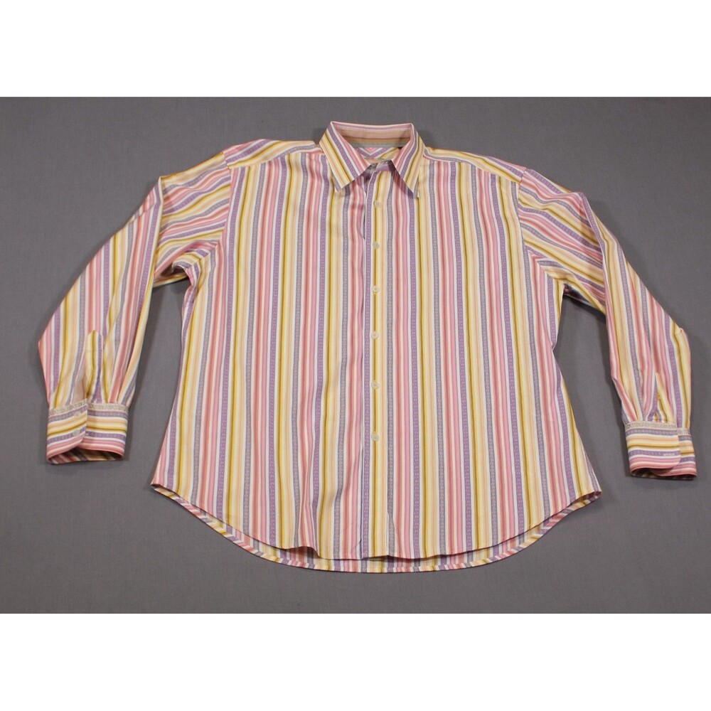 Robert Graham Mens 2XL XXL Long Sleeve Dress Shirt Pink Yellow Striped
